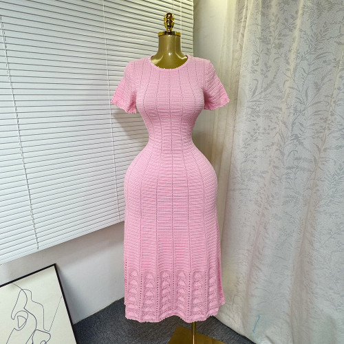 Round neck nail bead hollow short sleeved knitted dress