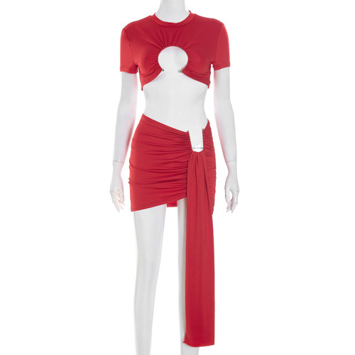 Metal decoration hollow round neck short sleeved top with ribbon and pleated skirt set