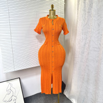 Knitted single breasted hollow out long skirt
