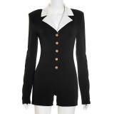 Rose metal button lapel long sleeved tight shorts jumpsuit