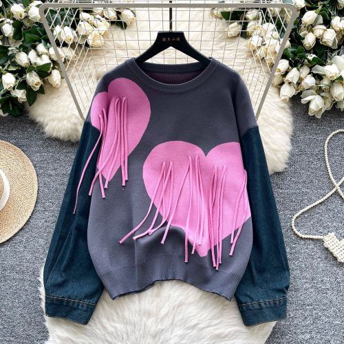 Tassel Love Printed Knitted Splicing Cowboy Long Sleeve Top