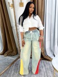 Drawstring high waisted contrasting color splicing gradient straight leg denim pants