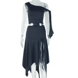 Two piece set of sleeveless single shoulder top with ribbon and half split skirt