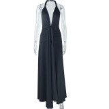 Sleeveless hanging neck tie backless slit long skirt