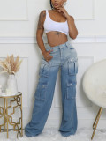 Multi pocket gradient denim wide leg pants