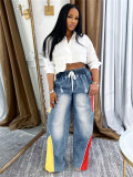 Drawstring high waisted contrasting color splicing gradient straight leg denim pants
