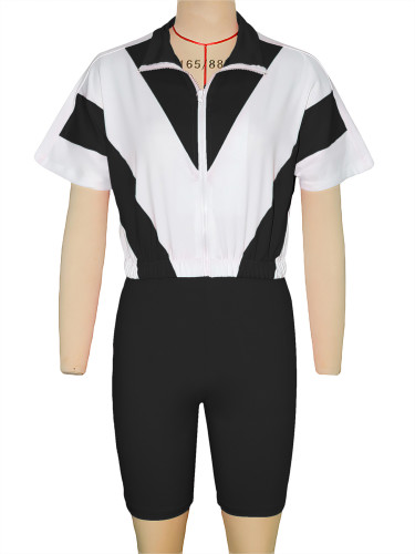 Short sleeved top+high waisted tight shorts contrasting sports suit