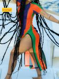Short sleeved striped color blocked split dress