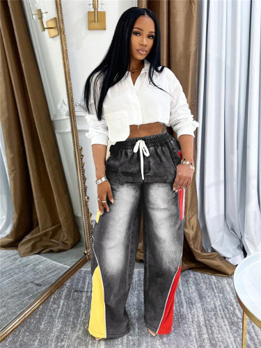 Drawstring high waisted contrasting color splicing gradient straight leg denim pants