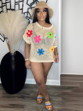 Round neck floral short sleeved top with pullover