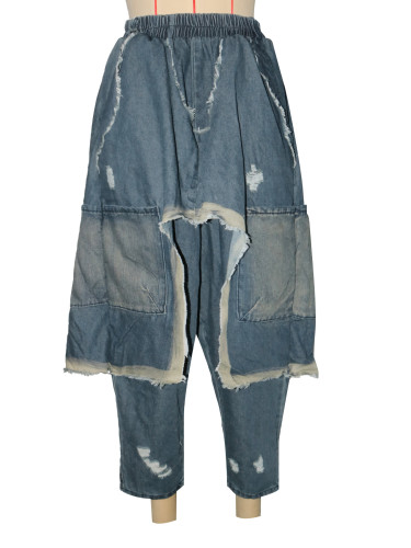 Wear and tear denim pants with holes, loose Harun pants