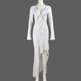 Chest hugging long sleeved V-neck lace up dress