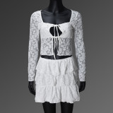 Hollow out square collar lace see through strap top cake skirt set