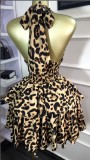Sleeveless hanging neck leopard print waist cinched pleated puffy short dress