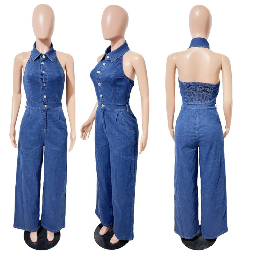High stretch backless lapel wide leg pants sleeveless jumpsuit