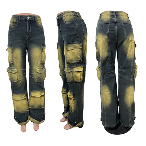 Cowboy three-dimensional multi bag loose fitting work pants