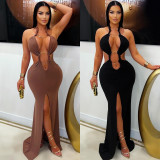 Hanging neck hollow fish tail slit dress