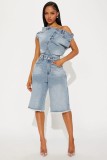 Strapless one shoulder denim jumpsuit