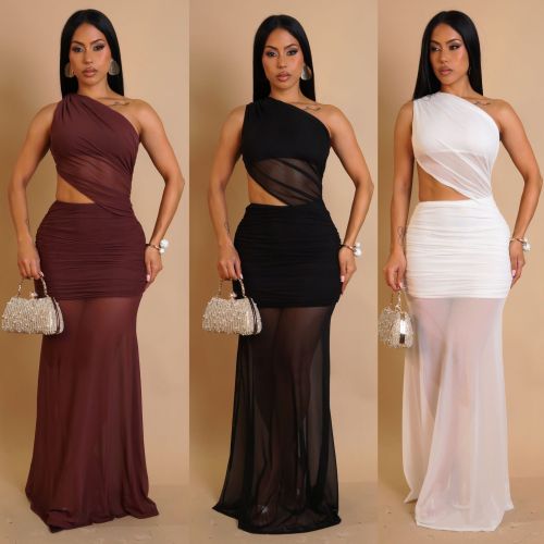 Single shoulder strap dress with exposed waist and transparent skirt, solid color dress