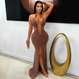 Hanging neck hollow fish tail slit dress