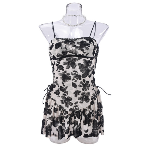 Elastic suspender mesh velvet backless see through strap dress