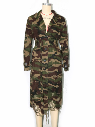 Women's perforated camouflage long windbreaker