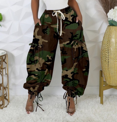 Camouflage print, drawstring, large pocket, lantern, loose ankle, harem pants, long pants