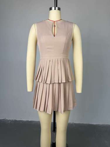V-neck high waisted pleated A-line dress short skirt