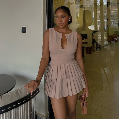 V-neck high waisted pleated A-line dress short skirt