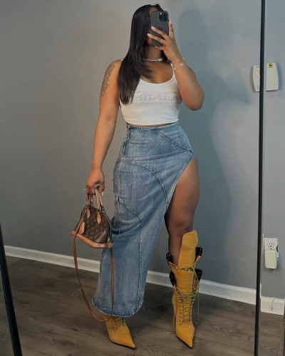 Side slit denim half length skirt