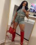 Elastic denim color blocked hip shorts set