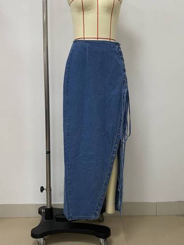 Cowhole rope women's side slit denim half length skirt