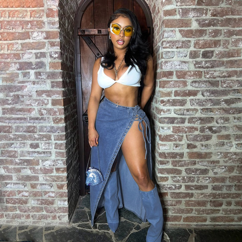 Cowhole rope women's side slit denim half length skirt