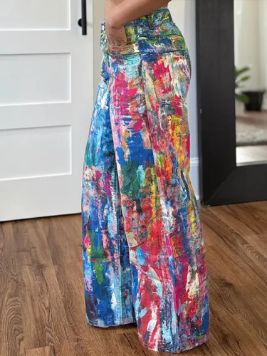 Straight leg pants painted with elastic denim pants