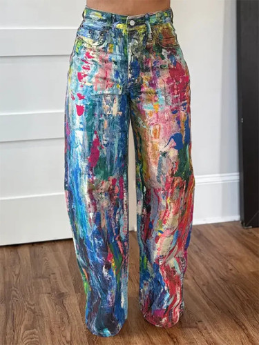 Straight leg pants painted with elastic denim pants