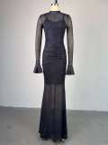 Half high collar lace long sleeved high waisted hip hugging one step skirt long skirt