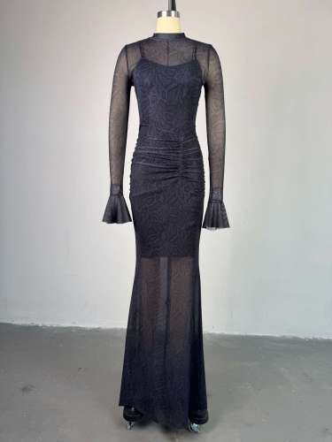 Half high collar lace long sleeved high waisted hip hugging one step skirt long skirt