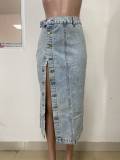 Single row button side slit washed denim midi skirt