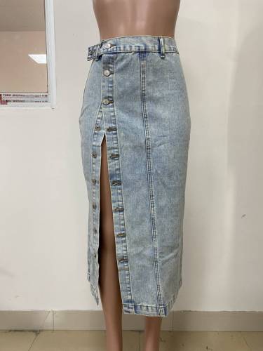 Single row button side slit washed denim midi skirt
