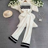 Two piece set of sleeveless knitted top, high waist, straight leg, wide leg pants