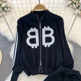Long sleeved stand up collar zipper knitted jacket, high waist wide leg pants two-piece set