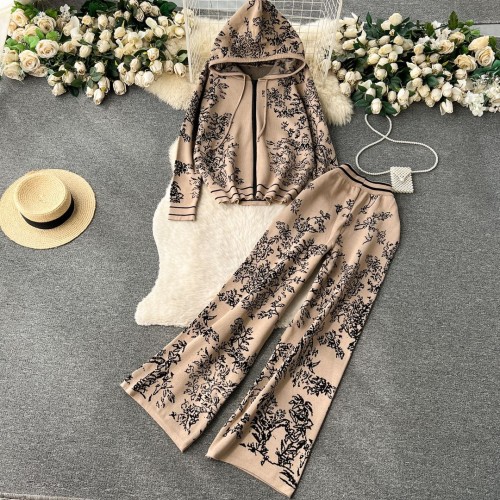 Sports Knitwear Printed Hoodie High Waist Wide Leg Pants Two Piece Set