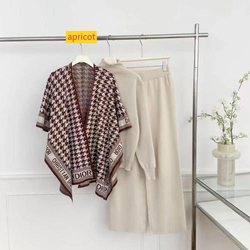 Long sleeved knitted sweater high waisted wide leg pants three piece set