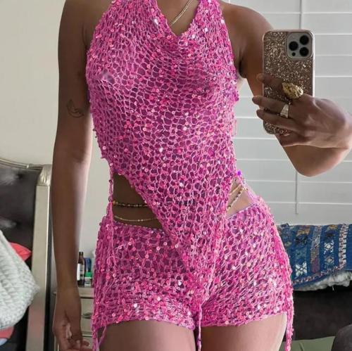 Solid color hooded hollow bead yarn high waisted shorts two-piece set