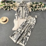 Sports Knitwear Printed Hoodie High Waist Wide Leg Pants Two Piece Set
