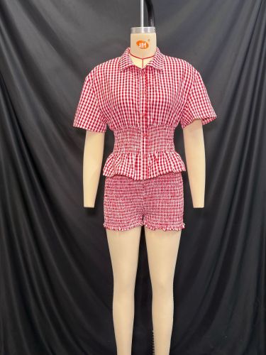 Red and white checkered short sleeved shirt collar shorts set A921478628294