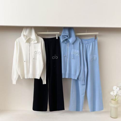 Hooded cardigan zipper jacket loose knit wide leg pants two-piece set