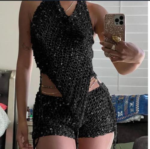 Solid color hooded hollow bead yarn high waisted shorts two-piece set