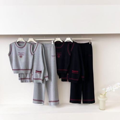 Letter sleeveless knitted top cardigan jacket wide leg pants three piece set