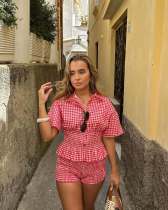 Red and white checkered short sleeved shirt collar shorts set A921478628294